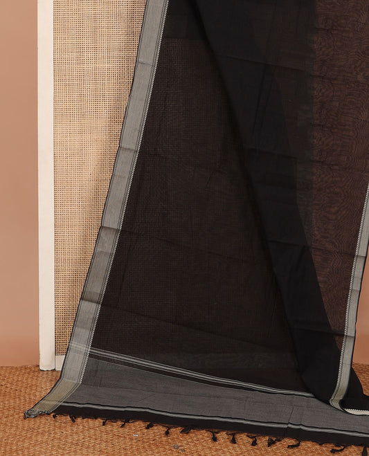 Black sparesly striped Mangalagiri Cotton saree, traditional motifs border, plain pallu, and contrast kalamkari floral printed blouse