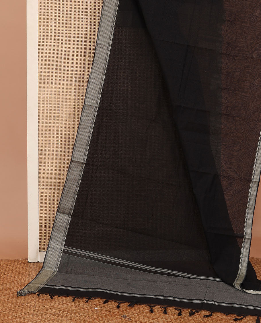 Black sparesly striped Mangalagiri Cotton saree, traditional motifs border, plain pallu, and contrast kalamkari floral printed blouse