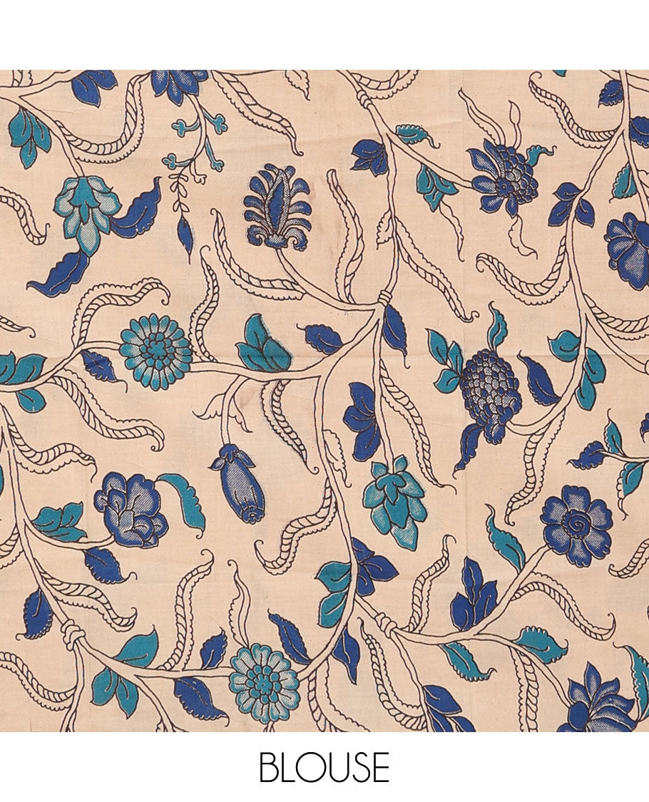 Black sparesly striped Mangalagiri Cotton saree, traditional motifs border, plain pallu, and contrast kalamkari floral printed blouse