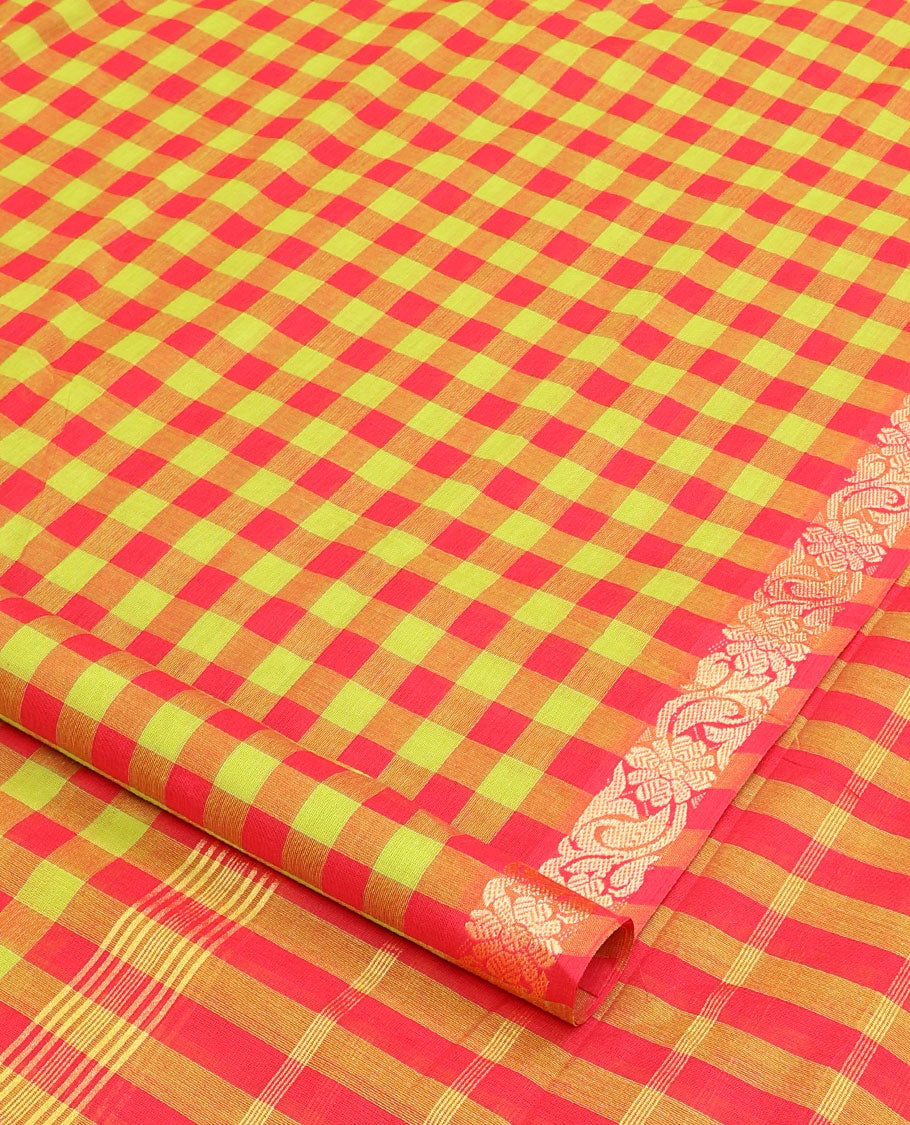 Multi-color micro-checked nine-yard cotton saree, floral and leaf border, and striped pallu
