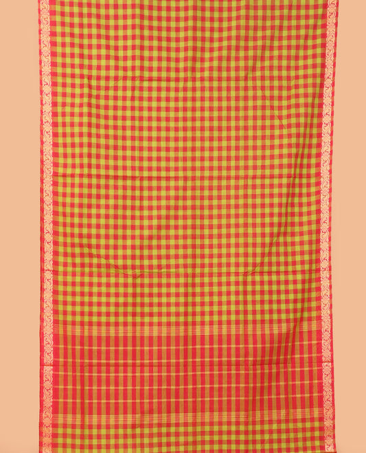 Multi-color micro-checked nine-yard cotton saree, floral and leaf border, and striped pallu