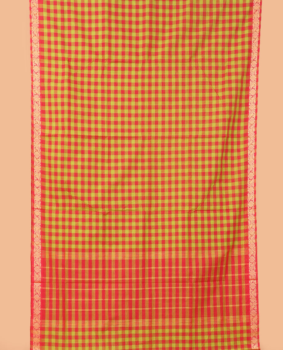 Multi-color micro-checked nine-yard cotton saree, floral and leaf border, and striped pallu