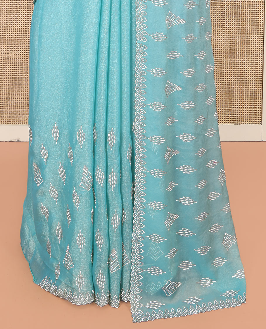 Blue Designer Saree, Finely Crafted with Stonework, a Scallop Stonework Border, and Matching Blouse