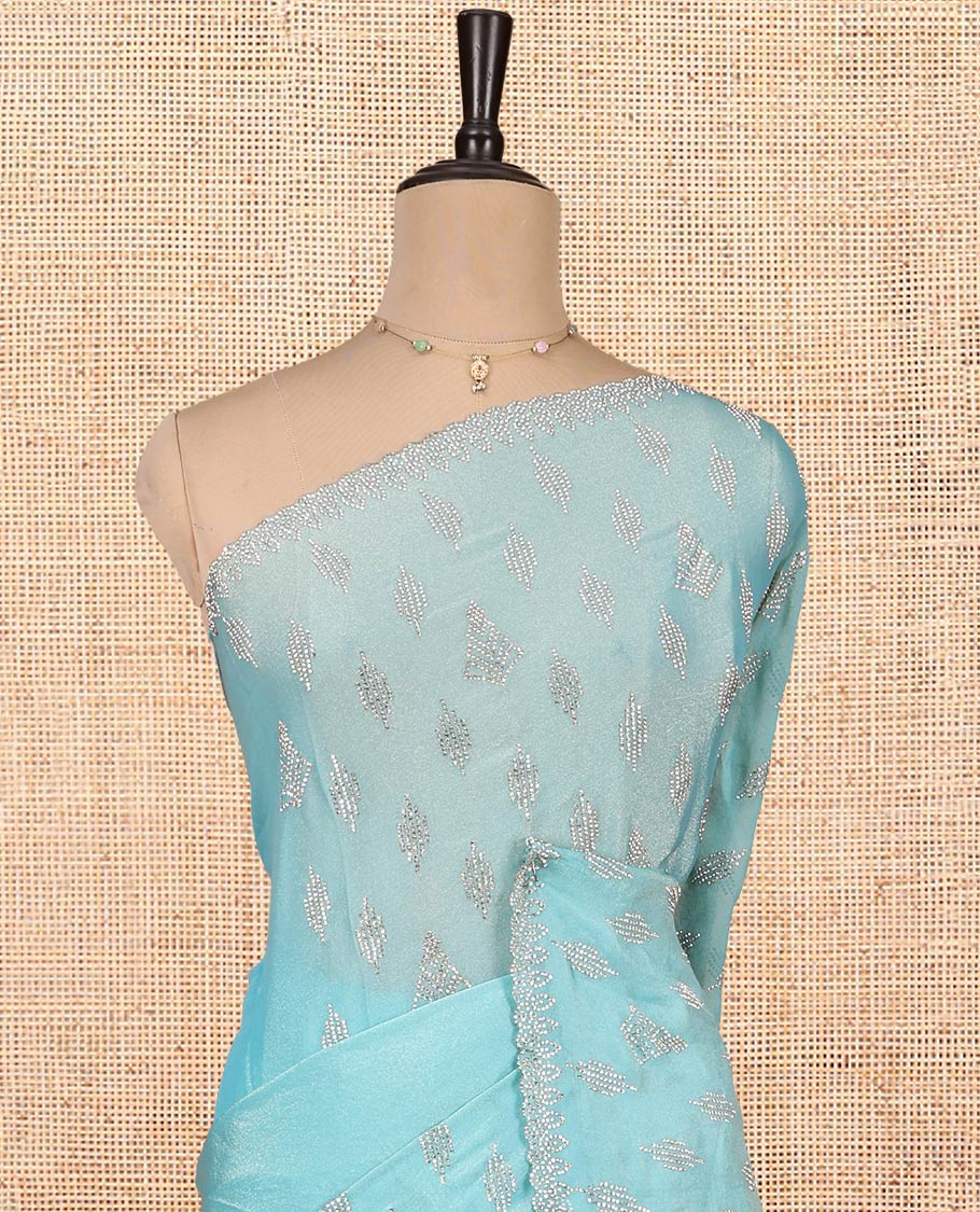 Blue Designer Saree, Finely Crafted with Stonework, a Scallop Stonework Border, and Matching Blouse