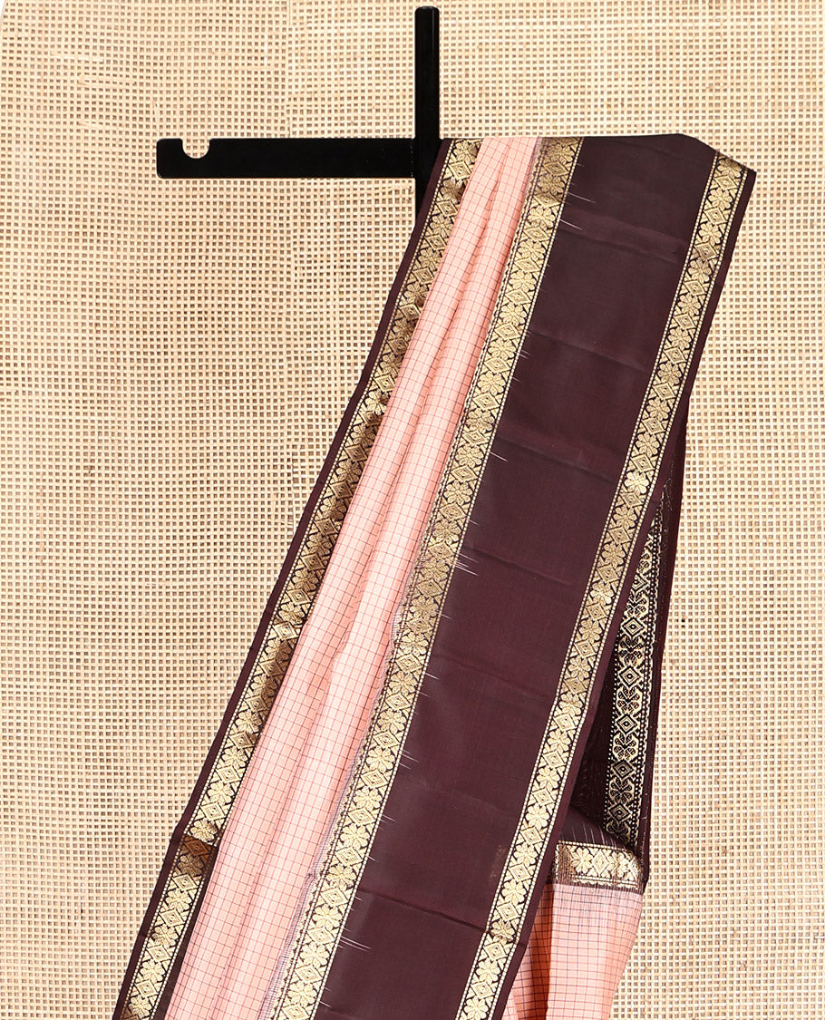 Peach Checked Kanchipuram Silk Saree, Complemented by a Contrast Rettai Pettu Traditional Border, Gleaming Pallu, and a Contrast Blouse