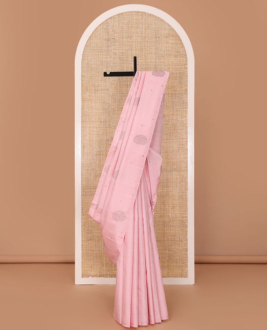 Borderless stripes, and buttas Kanchipuram silk saree, self-pallu of thilakam mokku, mayil and jaal design