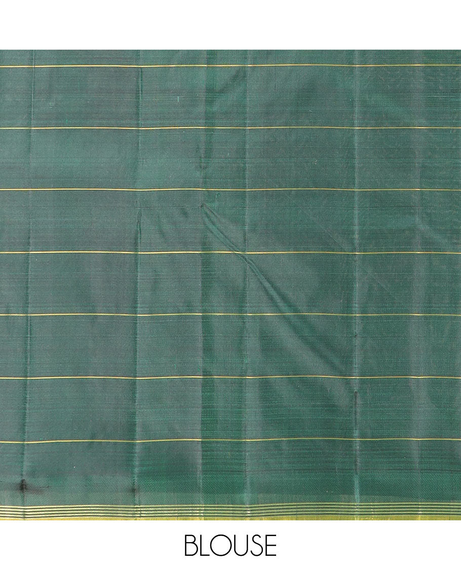 Green Kanchipuram Silk Saree Featuring Floral Zari Buttas Enclosed in Checks, Complemented by a Contrast Striped Border, a Regal Pallu Woven with Intricate Zari Designs, Paired with a Matching Blouse