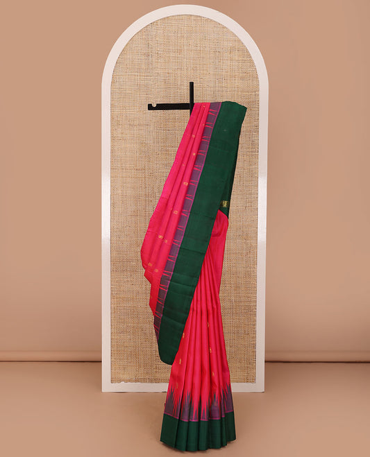 Pink zari buttas Kanchipuram silk saree, contrast one-sided thazampoo rekku zari border & floral design pallu