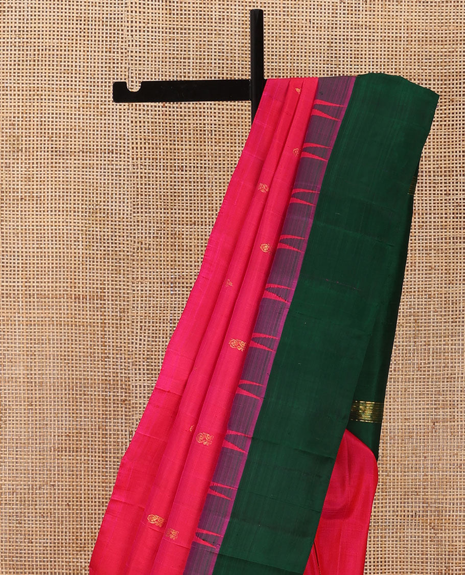 Pink zari buttas Kanchipuram silk saree, contrast one-sided thazampoo rekku zari border & floral design pallu
