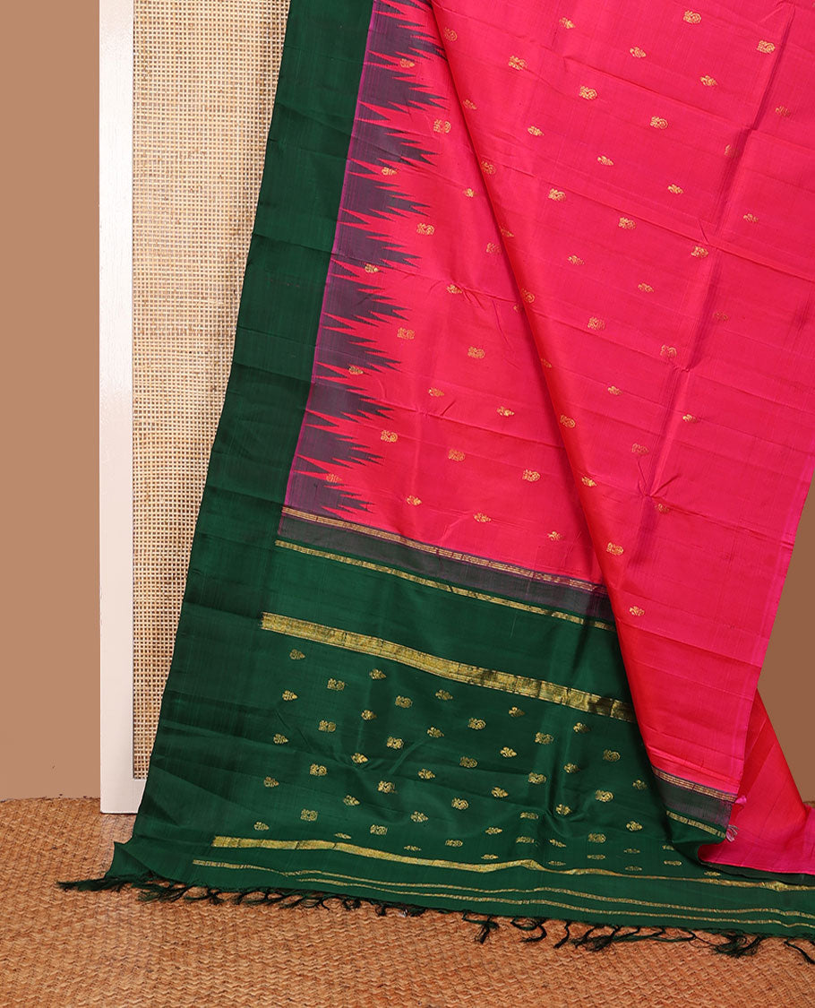 Pink zari buttas Kanchipuram silk saree, contrast one-sided thazampoo rekku zari border & floral design pallu