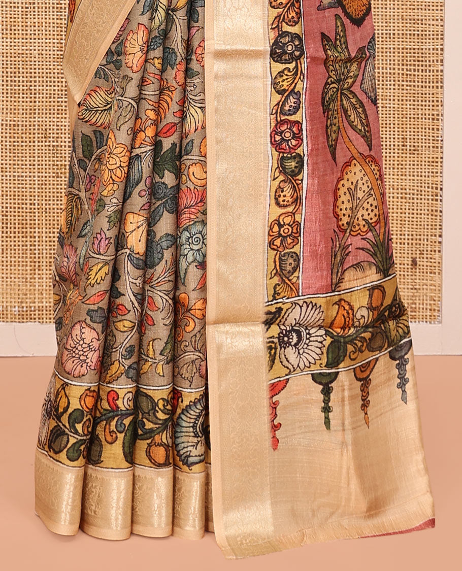Grey Kalamkari Printed Semi-Banarasi Tussar Saree, Adorned with Floral Vine, Contrast Border, Pallu of Lord Krishna Design, and a Contrast Blouse