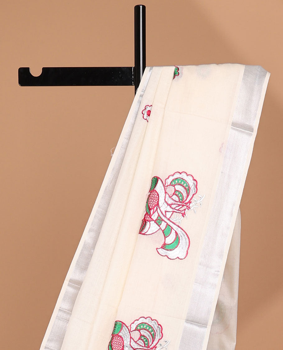 Cream peacock embroidered motifs kerala saree, plain border & pallu of peacock embroidery