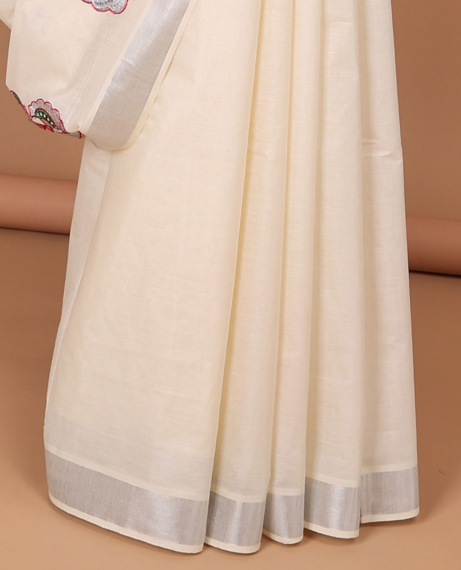 Cream peacock embroidered motifs kerala saree, plain border & pallu of peacock embroidery