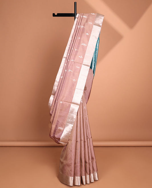 Brown soft silk saree with leaf buttas, bavanji border & contrast pallu of intricate designs