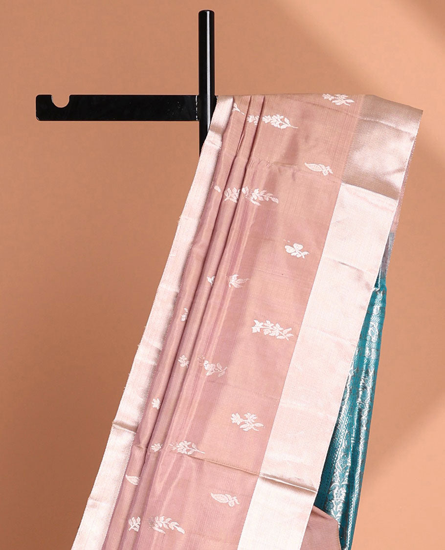 Brown soft silk saree with leaf buttas, bavanji border & contrast pallu of intricate designs