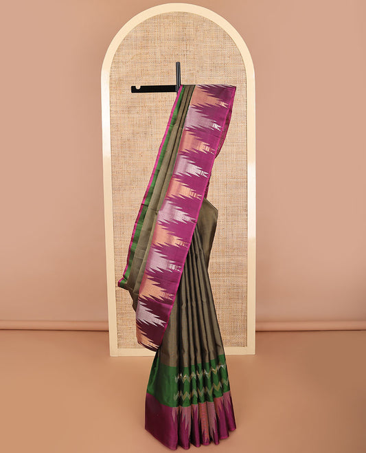 Green mayuri soft silk saree with contrast temple border & striped pallu