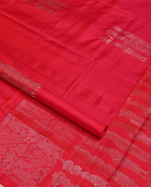 Borderless red human figurines woven soft silk saree, self-pallu of geometric & human motifs in zari