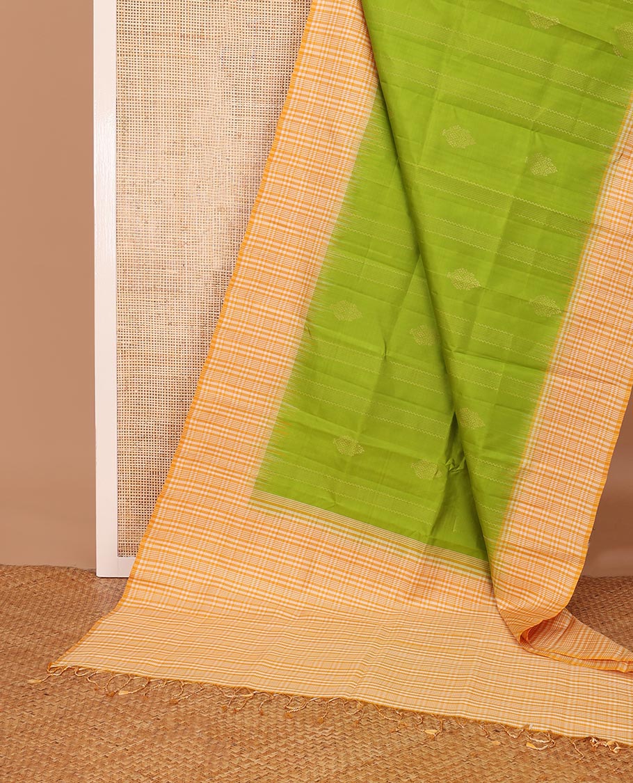 Parrot green zari designs soft silk saree, contrast border & pallu of checked design