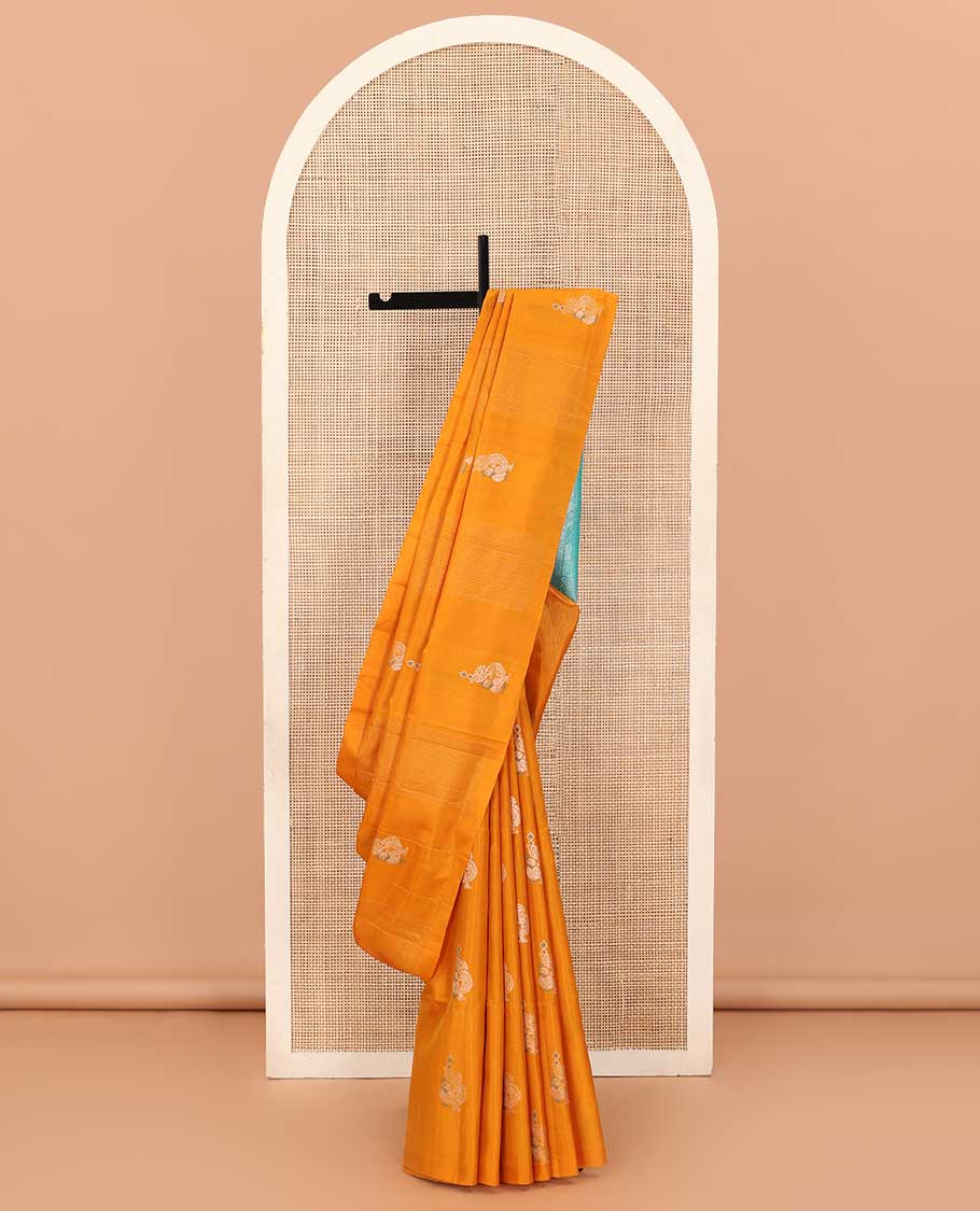 Borderless yellow stripes and mayil buttas soft silk saree, contrast pallu steeped with traditional motifs