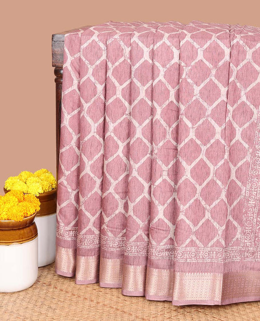 Onion pink printed dola silk saree with zari border & printed pallu along with printed blouse