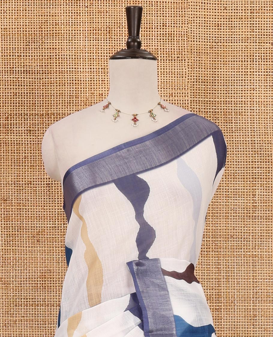 White-blue shibori printed linen saree, silver zari border, shibori printed pallu & contrast shibori printed blouse