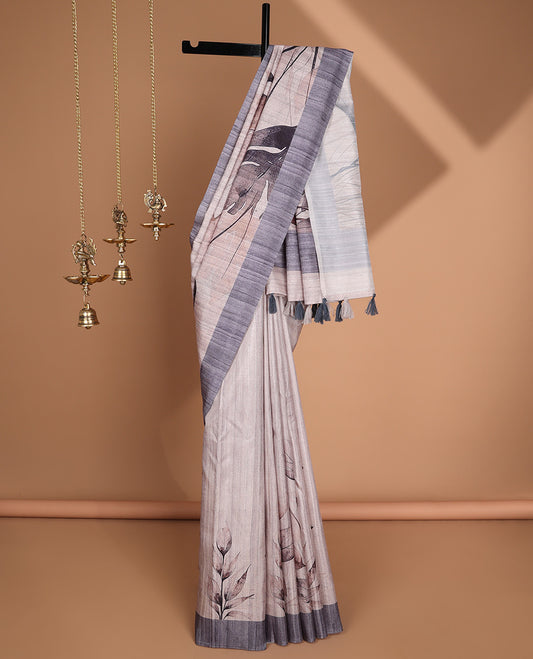 Cream with blue leaf digital printed design semi-tussar saree with contrast border & printed pallu, tussles along with contrast plain blouse