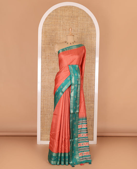 Orange gold zari checked katan silk saree with contrast traditional zari border of butterfly print, floral vine printed pallu, and a contrast printed blouse