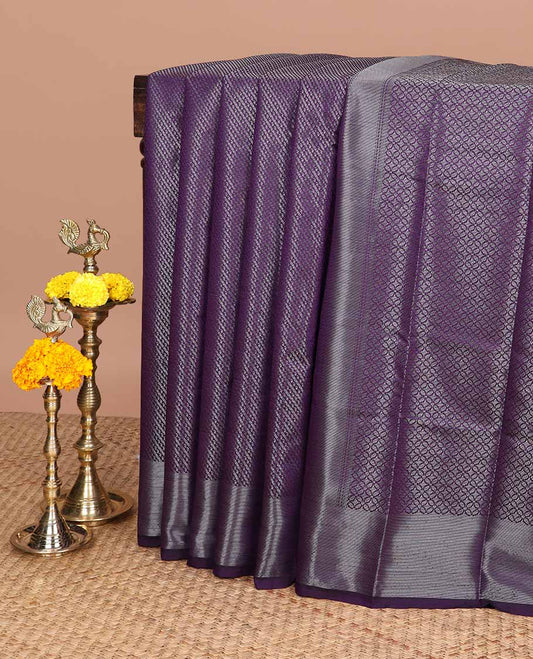 Wine color antique zari striped desig soft silk saree with self border & self pallu along with silver zari blouse