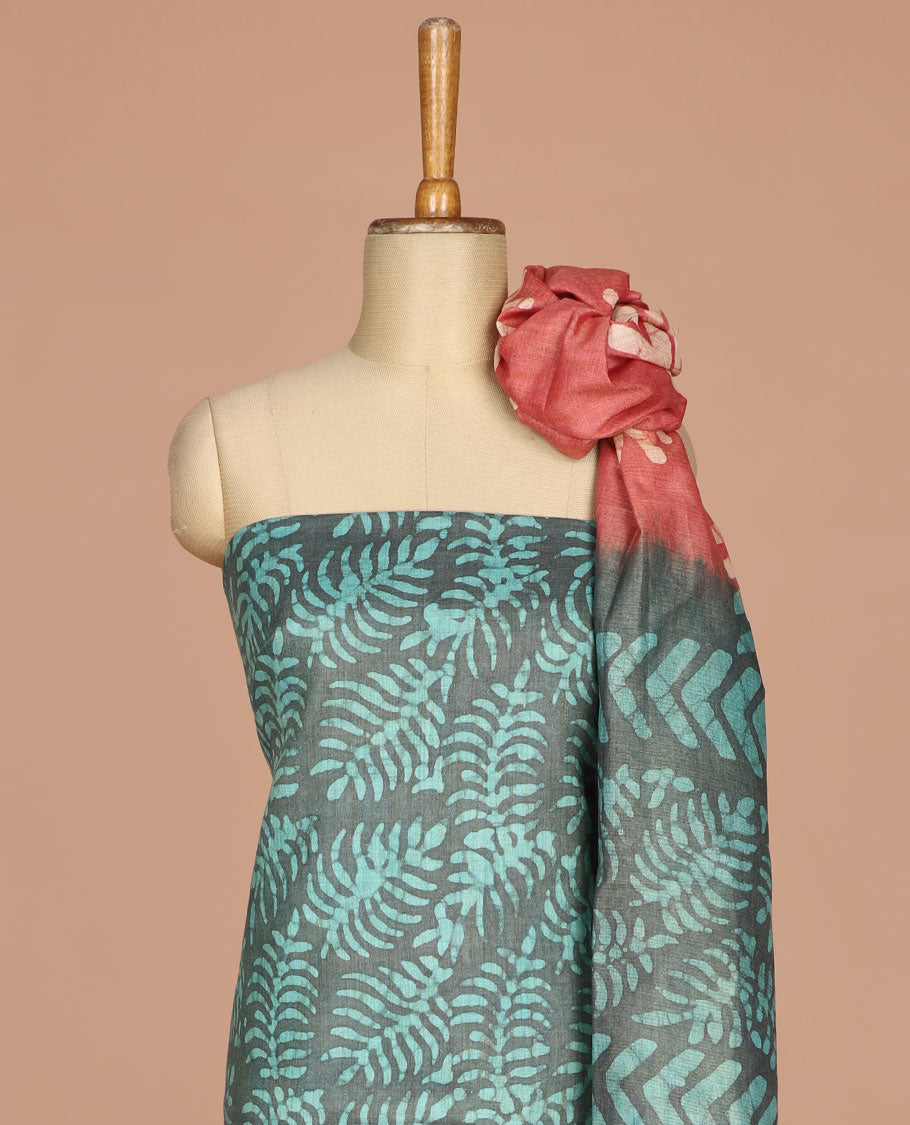 Grey with pista color batik leaf design print bhagalpur cotton chudidhar material top with batik print cotton pants & batik leaf design print mul mul dupatta