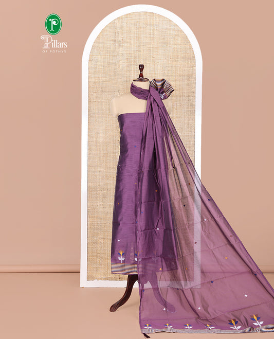 Wine Mul Chanderi Material Churidar Features Jamdani-Style Meena Buttas Top, a Plain Bottom, and a Jamdani-Style Dupatta