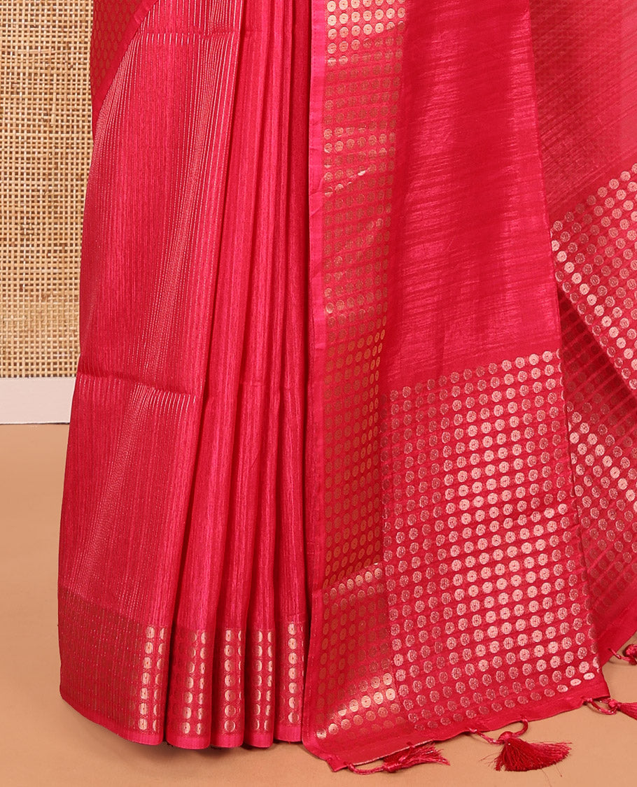 Rani Pink Fancy Tussar Saree, Polka Dotted Border, a Floral Printed Blouse, Matching Blouse