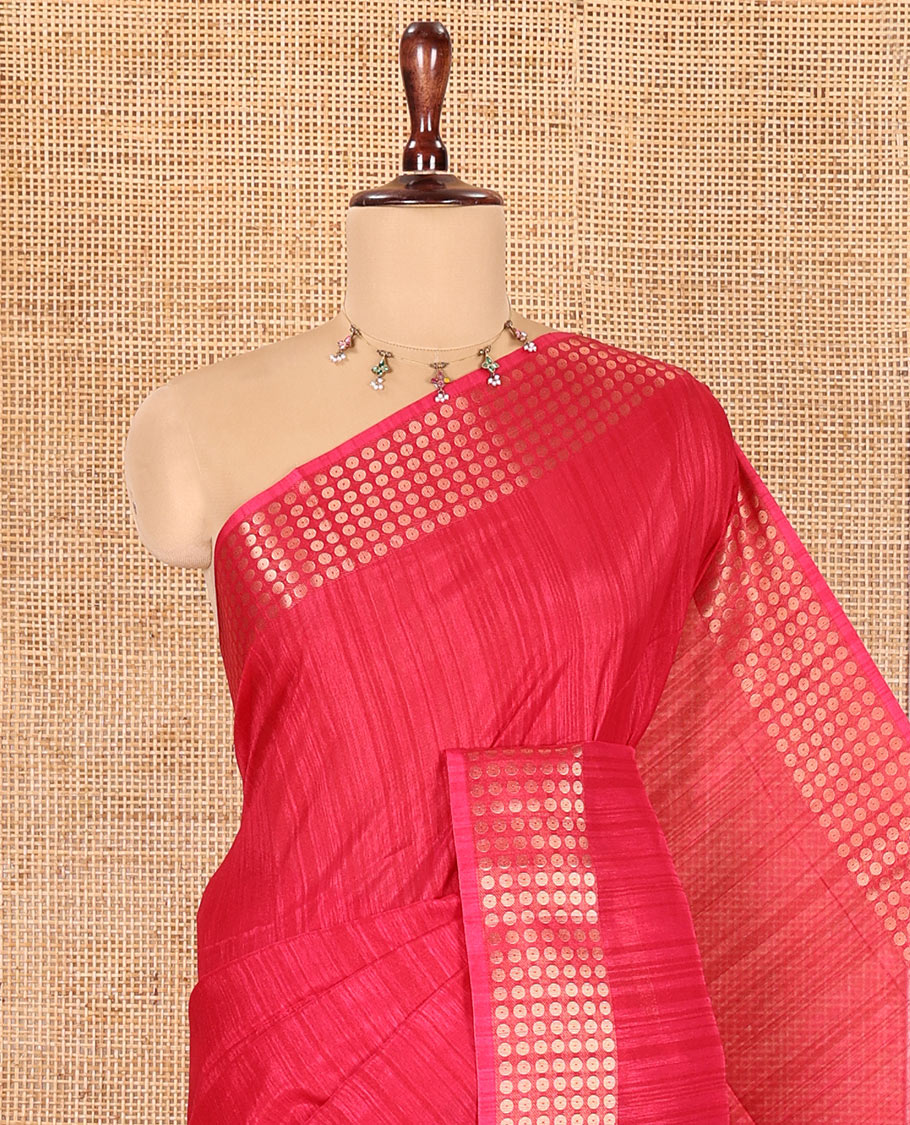 Rani Pink Fancy Tussar Saree, Polka Dotted Border, a Floral Printed Blouse, Matching Blouse