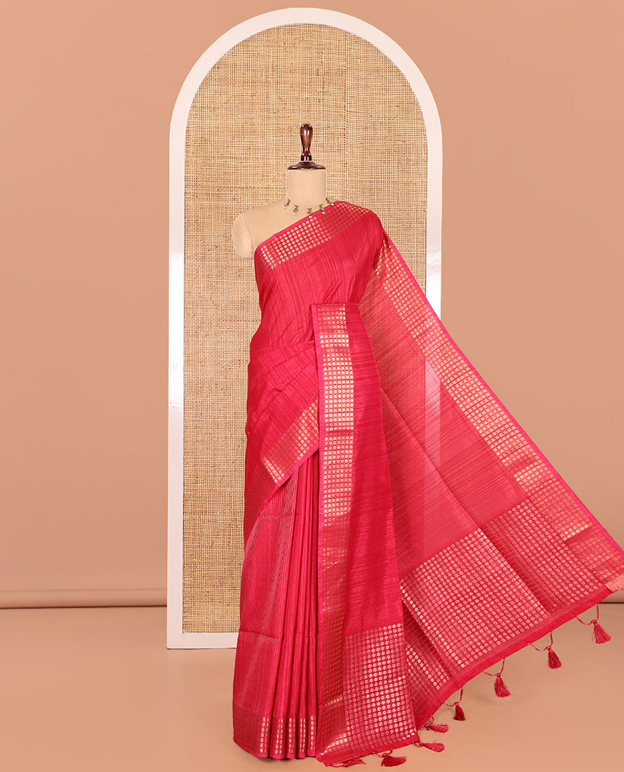 Rani Pink Fancy Tussar Saree, Polka Dotted Border, a Floral Printed Blouse, Matching Blouse