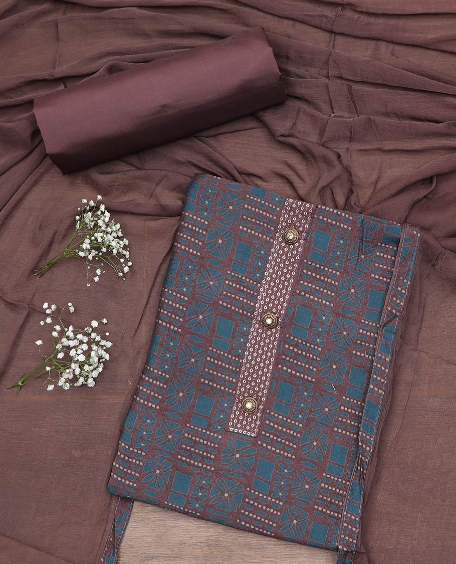 Blue and brown combo material chudidar set, geometric patterned cotton top, contrast plain bottom and plain lace border dupatta