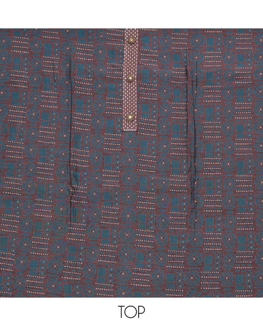 Blue and brown combo material chudidar set, geometric patterned cotton top, contrast plain bottom and plain lace border dupatta
