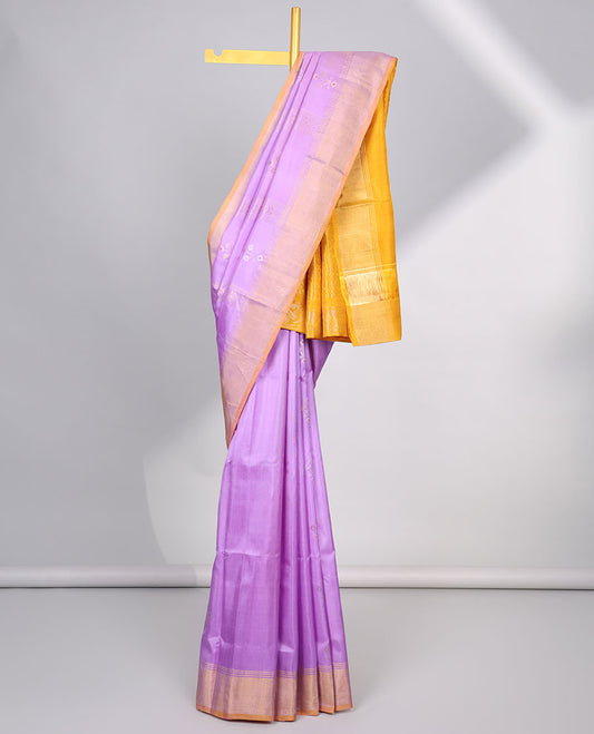 Lavender floral buttas uppada silk saree with contrast zari border & floral zari design pallu