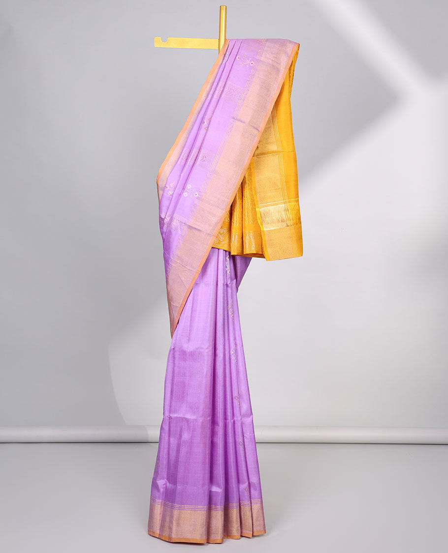 Lavender floral buttas uppada silk saree with contrast zari border & floral zari design pallu