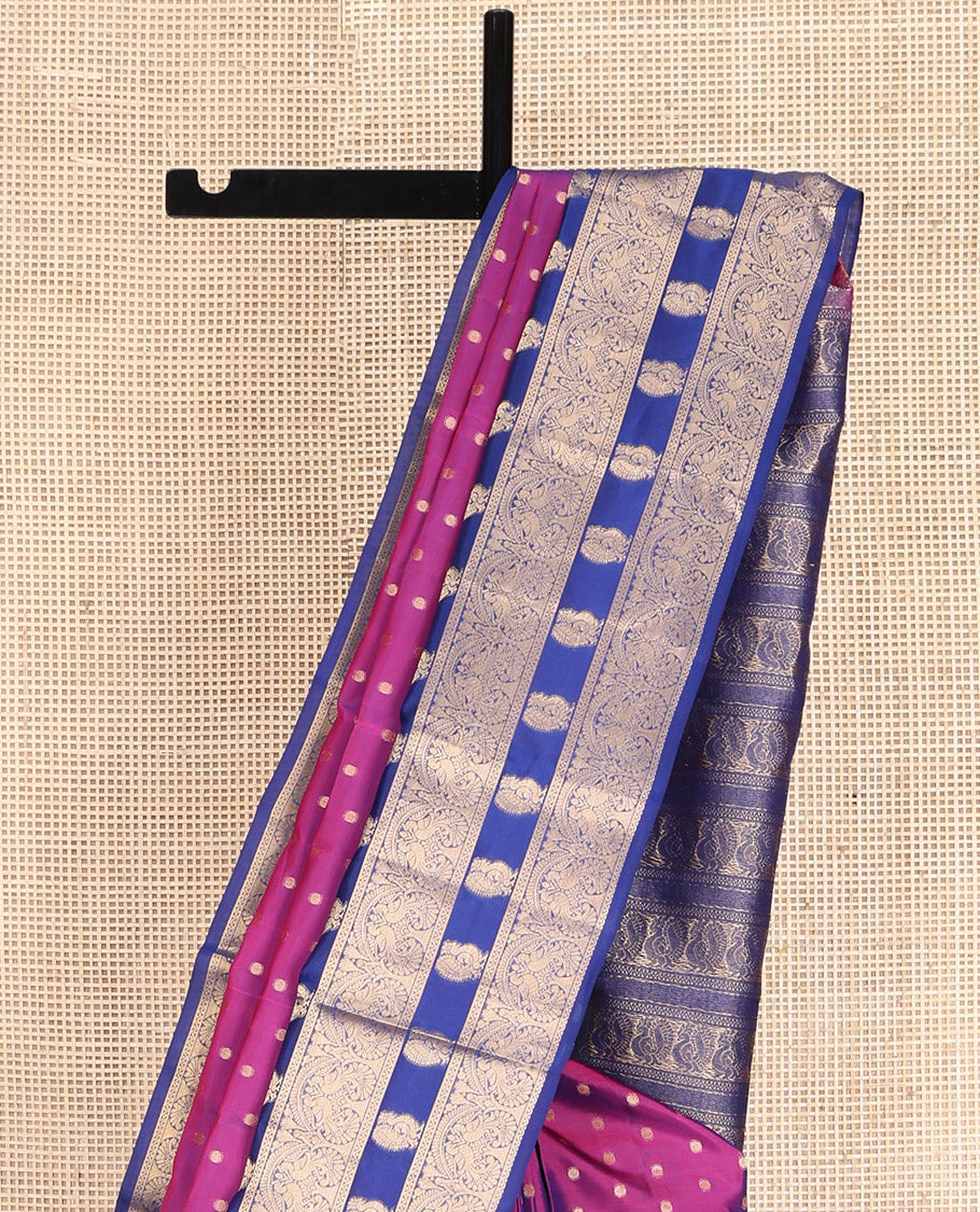 Purple Vasundhara Lite-Silk Mix Saree, Decorated with Buttas All Over Its Body, Complemented by a Contrast Border Steeped with Mayil Designs, Grandly Pallu of Mayil Designs, and Paired with a Contrast Blouse
