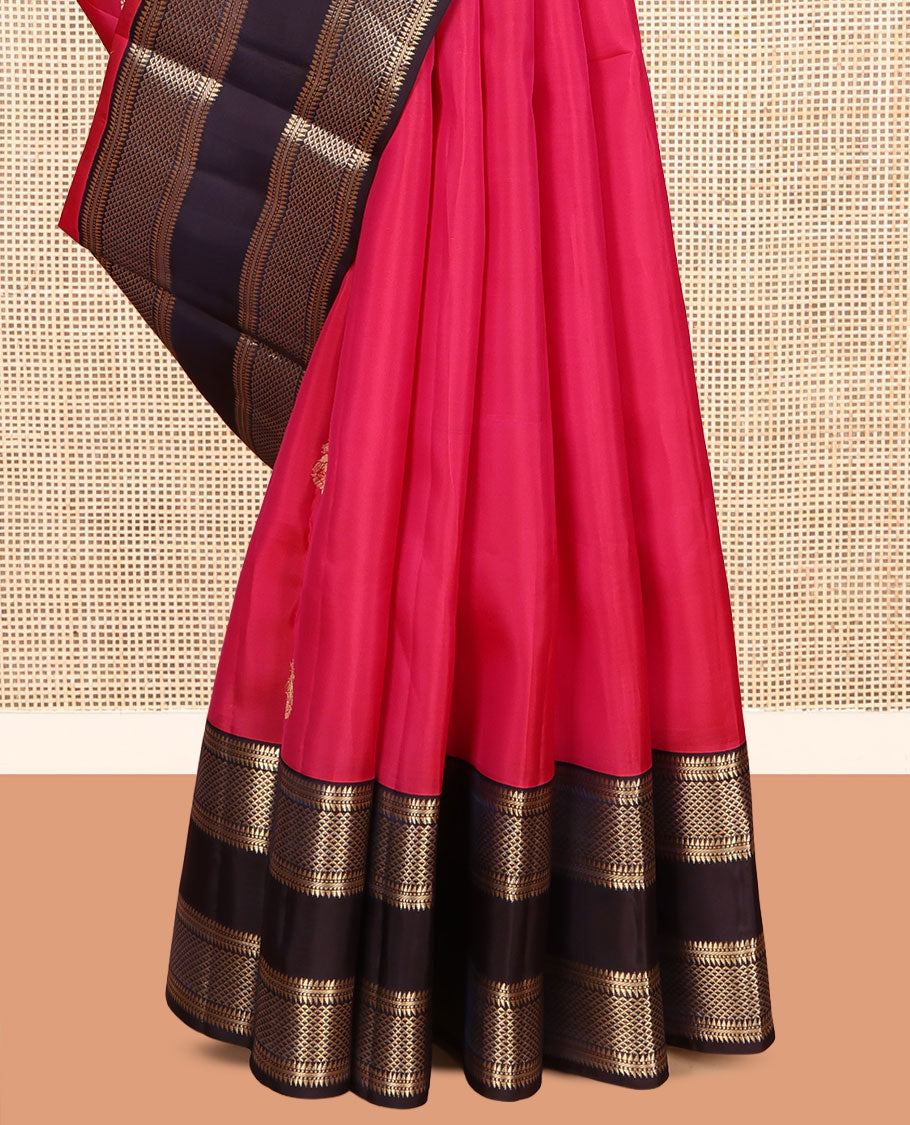 Pink Vasundhara Lite Silk Mix Saree, Woven with Zari Buttas, a Contrast Rettai Pettu Border of Ara Bogudi, Banaras, Muthu, and Ara Maadam Designs, Grand Pallu, and a Contrast Blouse