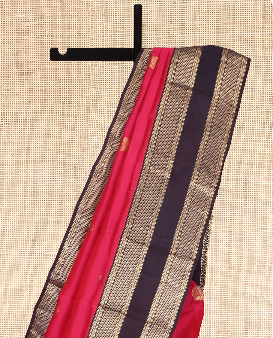 Pink Vasundhara Lite Silk Mix Saree, Woven with Zari Buttas, a Contrast Rettai Pettu Border of Ara Bogudi, Banaras, Muthu, and Ara Maadam Designs, Grand Pallu, and a Contrast Blouse