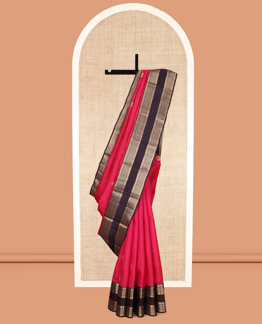 Pink Vasundhara Lite Silk Mix Saree, Woven with Zari Buttas, a Contrast Rettai Pettu Border of Ara Bogudi, Banaras, Muthu, and Ara Maadam Designs, Grand Pallu, and a Contrast Blouse