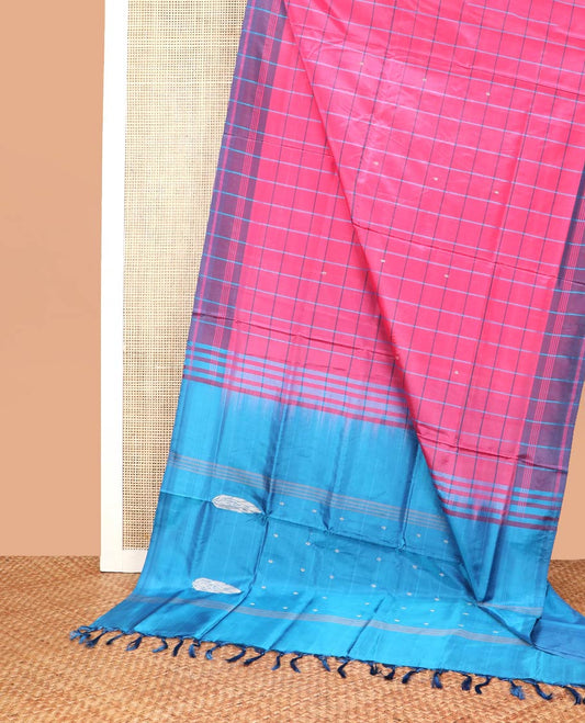 Pink checked banana pith saree with contrast border & striped, floral design pallu