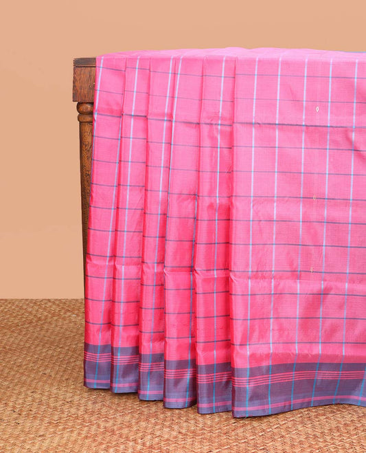 Pink checked banana pith saree with contrast border & striped, floral design pallu