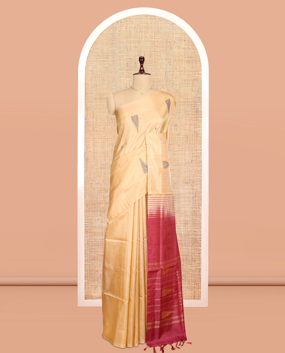 Borderless Sandal Temple Buttas Banana Pith Saree, a Contrast Pallu of Temple Buttas and Stripes, and a Contrast Blouse