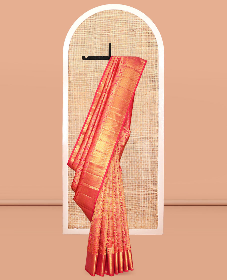 Pink Kanchipuram Wedding Silk Saree, Ornamented with Jacquard Design, a Zari Border of Muthu, Kathir, Poun, Vanki, Diamond, Manga, and Cross Kamalam, Jaal Pallu, and a Matching Blouse
