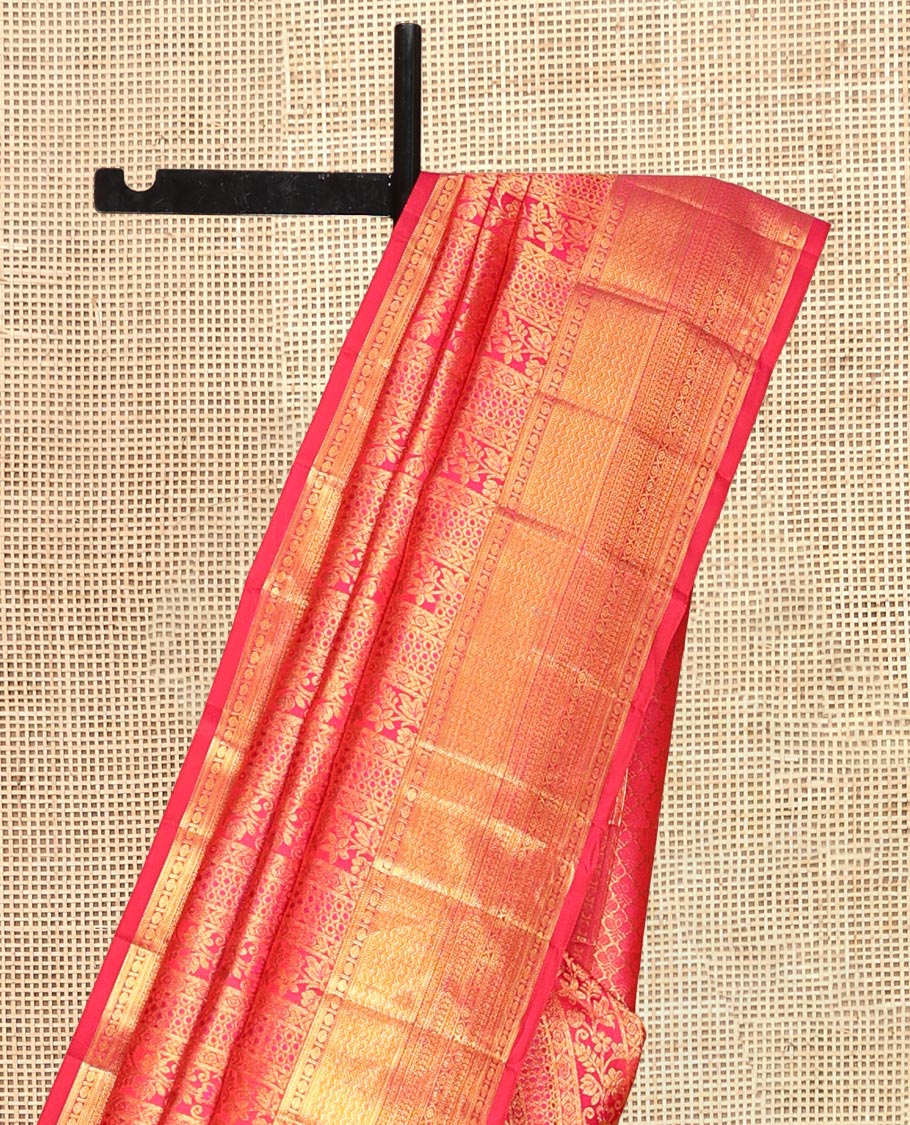 Pink Kanchipuram Wedding Silk Saree, Ornamented with Jacquard Design, a Zari Border of Muthu, Kathir, Poun, Vanki, Diamond, Manga, and Cross Kamalam, Jaal Pallu, and a Matching Blouse