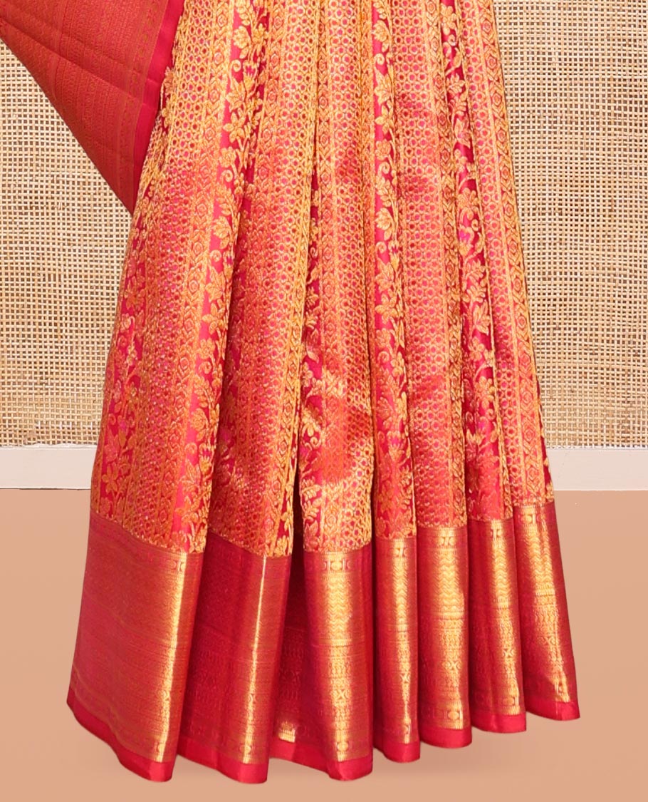 Pink Kanchipuram Wedding Silk Saree, Ornamented with Jacquard Design, a Zari Border of Muthu, Kathir, Poun, Vanki, Diamond, Manga, and Cross Kamalam, Jaal Pallu, and a Matching Blouse