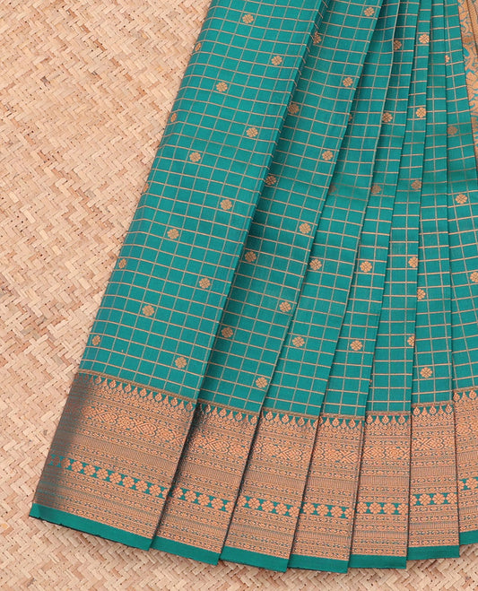 Green Budget Silk Saree, Gleamed Up with Zari Buttas and Checks All Over Its Body, Highlighted by a Traditional Zari Design Border, Grand Pallu, and Paired with a Matching Blouse