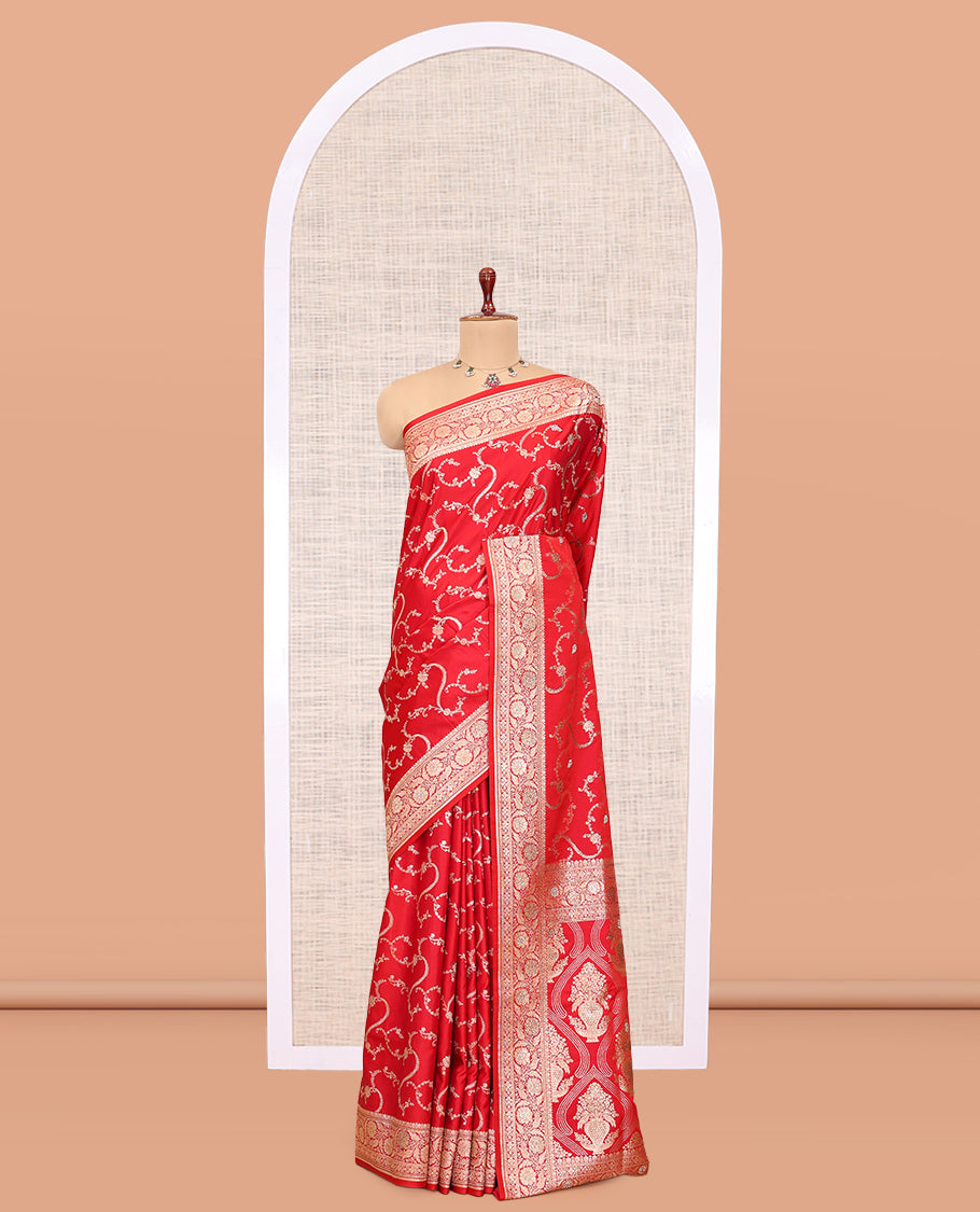 Red Semi-Banaras Satin Silk Saree