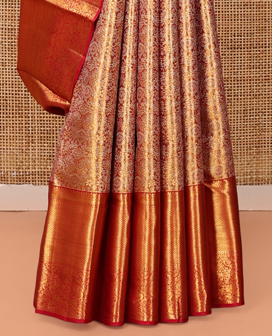 Red Kanchipuram Tissue Silk Saree, Opulently Embellished with Jacquard Design, Complemented by Contrast Border of Kathir, Mayil Kann, and Mayil, Grand Pallu, and Contrast Blouse
